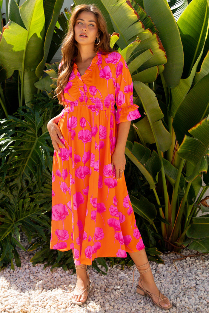 Orange Floral Print Frilly Smocked V Neck 3/4 Sleeve Long Dress 🇺🇸