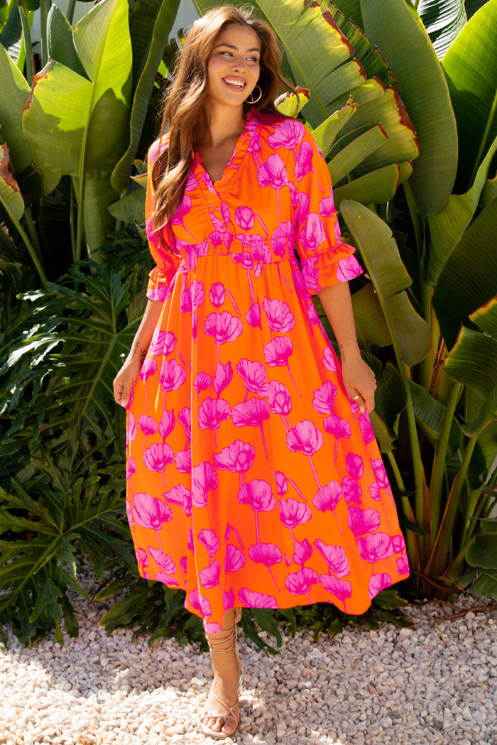 Orange Floral Print Frilly Smocked V Neck 3/4 Sleeve Long Dress 🇺🇸
