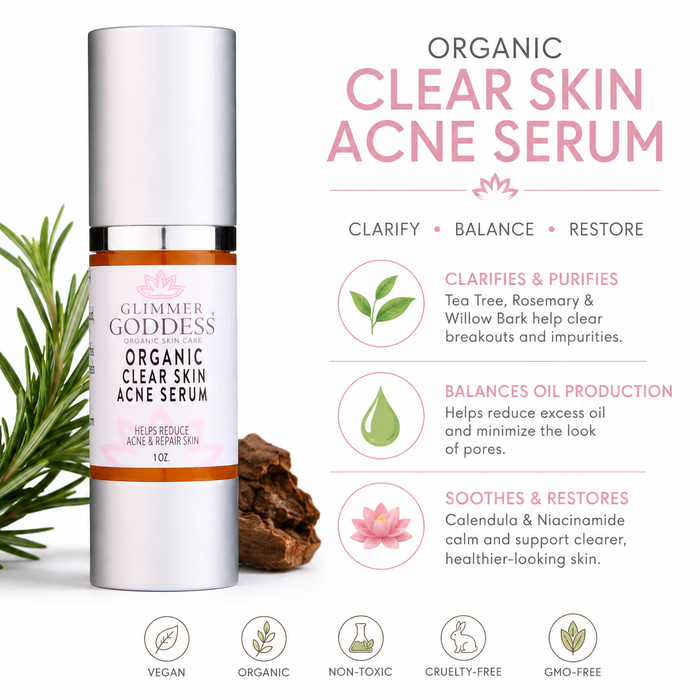 Glimmer Goddess Organic Clear Skin Acne Serum bottle shown next to descriptive text and icons about its benefits, with green leaves and brown bark props on a white background.