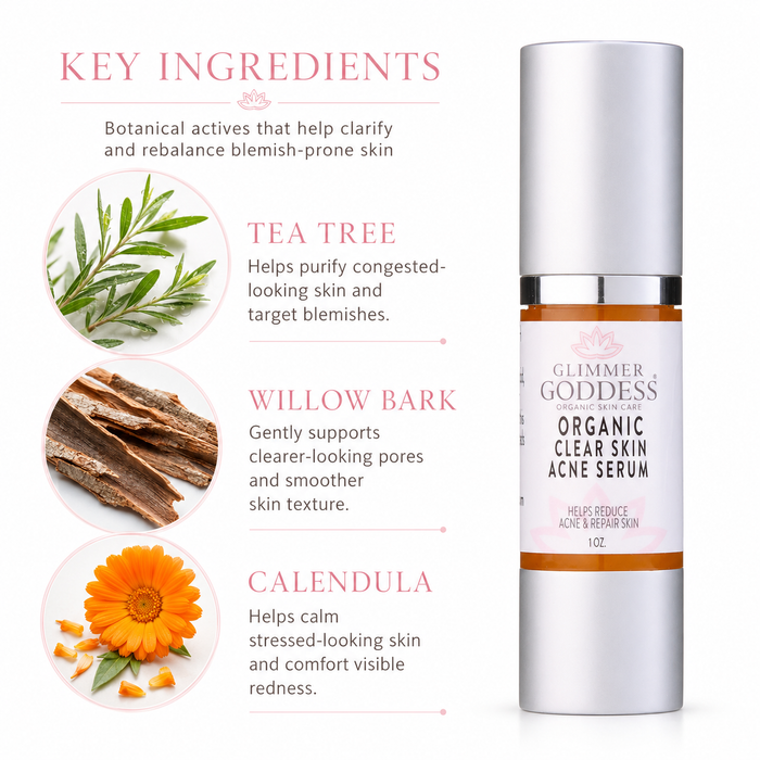 Glimmer Goddess Organic Clear Skin Acne Serum bottle shown next to a 'Key Ingredients' infographic detailing tea tree, willow bark, and calendula.