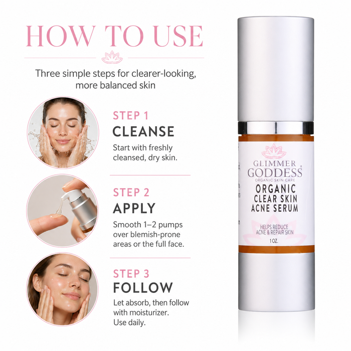 Glimmer Goddess Organic Clear Skin Acne Serum bottle shown next to a 'How to Use' infographic with three steps: cleanse, apply, and follow.