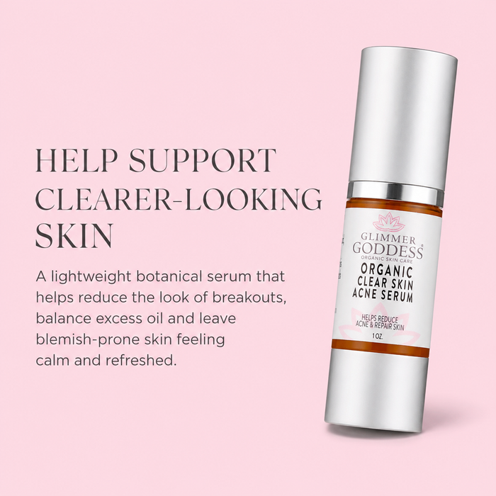 Glimmer Goddess Organic Clear Skin Acne Serum bottle on a soft pink background with promotional text on the left.