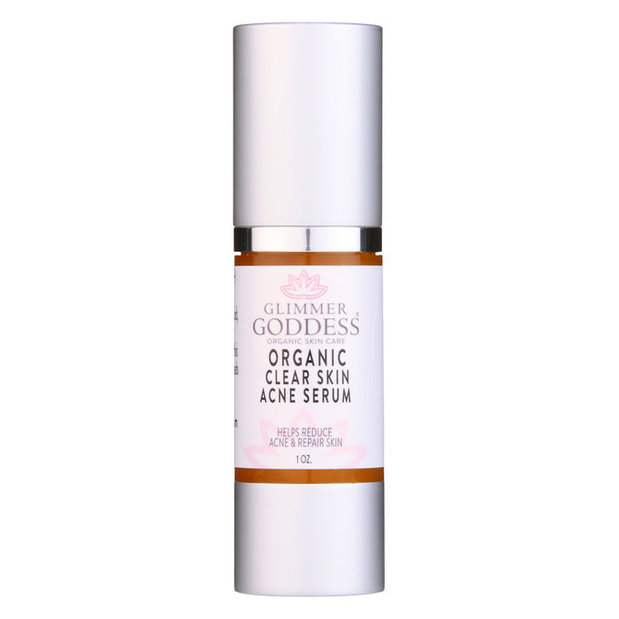 Organic clear skin acne serum in sleek silver bottle, helps reduce acne & repair skin, 1 oz