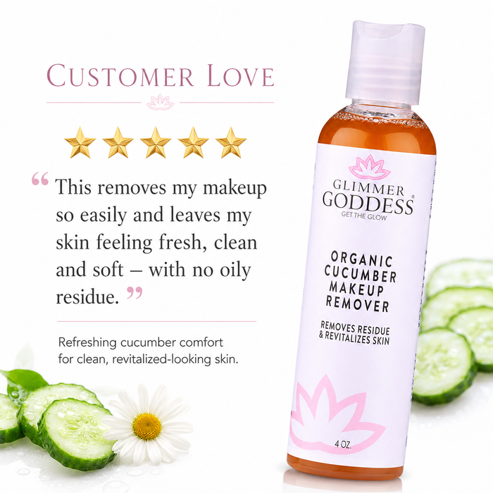 Glimmer Goddess Organic Cucumber Makeup Remover bottle shown next to a 'Customer Love' review graphic with five gold stars and cucumber slices on a white background.