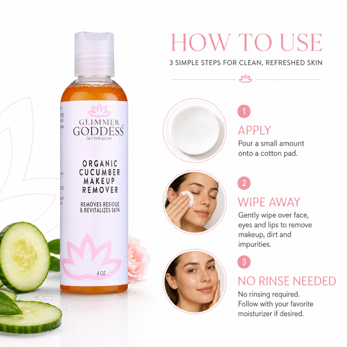 Glimmer Goddess Organic Cucumber Makeup Remover bottle shown on a white background with sliced cucumber props and a 'How to Use' infographic with three illustrated steps.