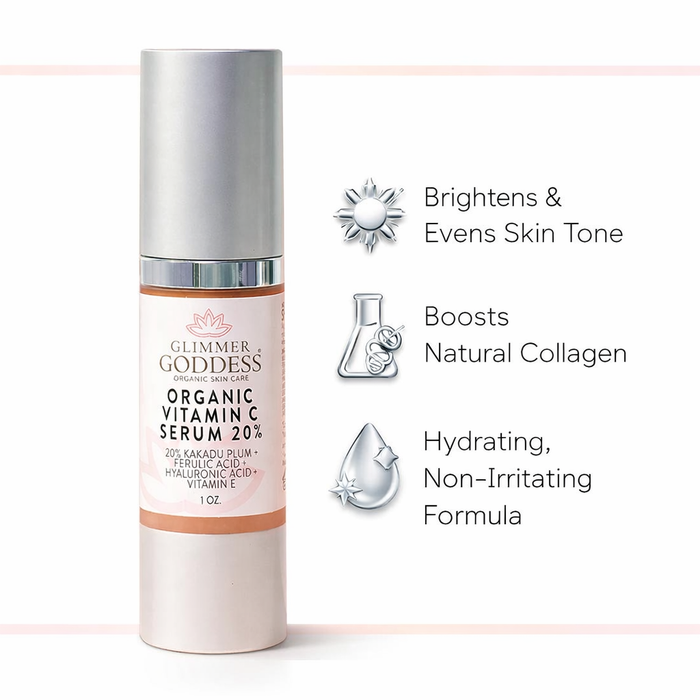 Organic Vitamin C Serum 20% by Glimmer Goddess® Organic Skin Care showing the serum bottle with brightening ingredients and fresh citrus.