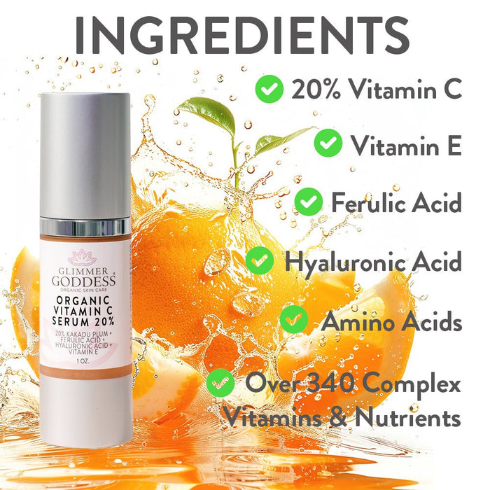 Organic Vitamin C Serum 20% with Hyaluronic Acid, Ferulic Acid, and Amino Acids for glowing skin
