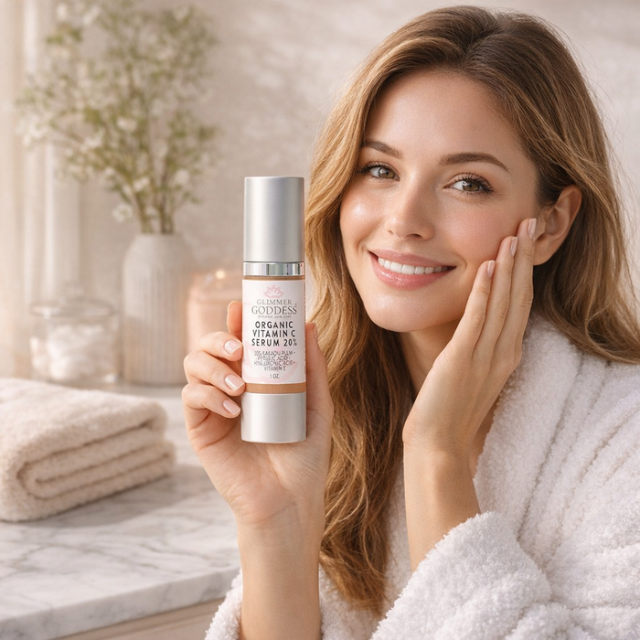 Bottle of Glimmer Goddess organic Vitamin C serum with hyaluronic and ferulic acid, designed for brightening skin.