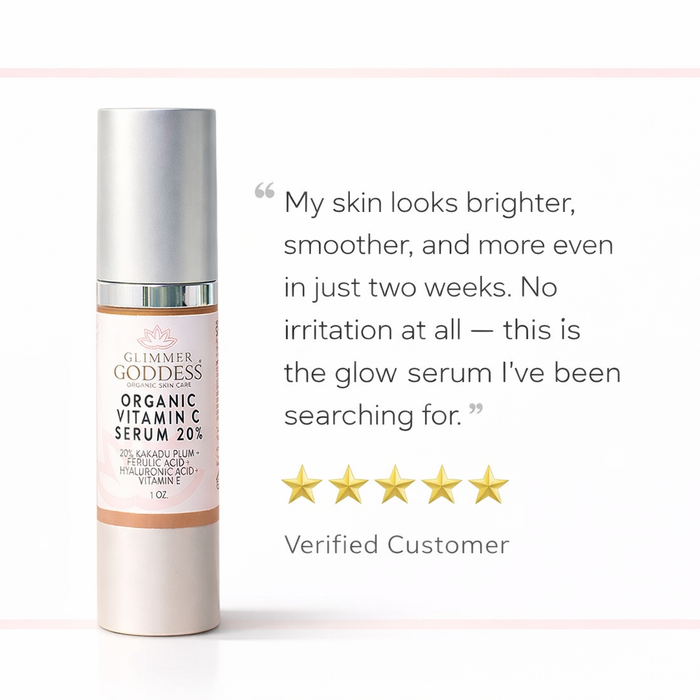 Organic Vitamin C Serum 20% by Glimmer Goddess® Organic Skin Care, brightening serum with hyaluronic and ferulic acid in a dropper bottle.