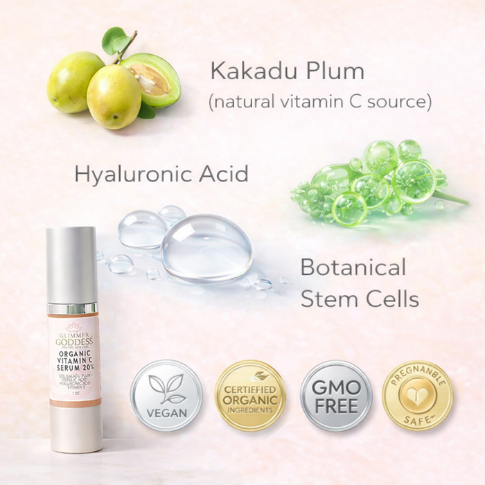Organic Vitamin C Serum 20% by Glimmer Goddess®, brightening treatment with hyaluronic and ferulic acid, in a glass dropper bottle.