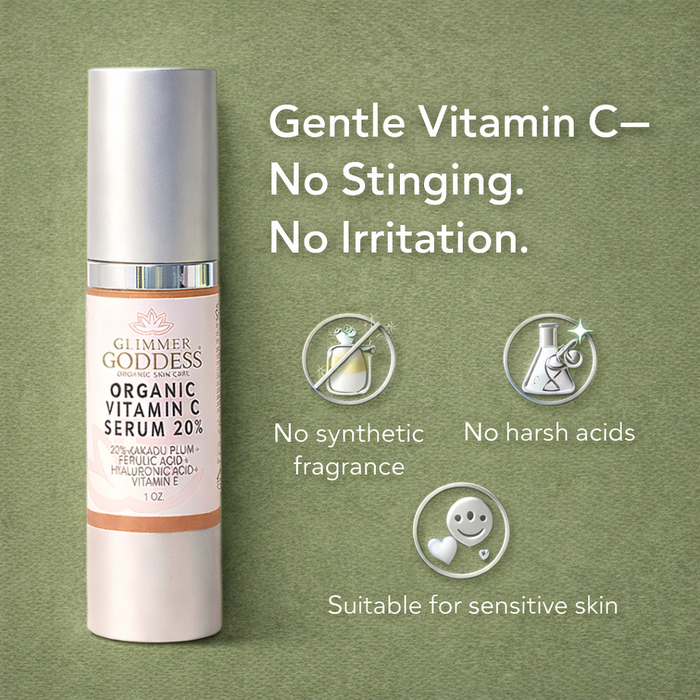 Glimmer Goddess Organic Vitamin C Serum 20% with hyaluronic and ferulic acid, brightening skincare treatment in a dropper bottle