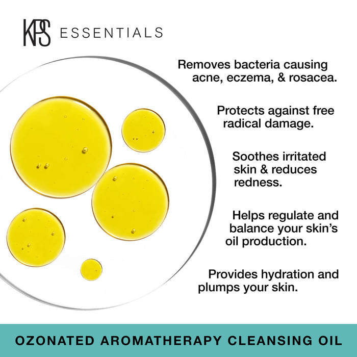 Clear liquid droplets of Ozonated Aromatherapy Cleansing Oil | Kindness Powered Skincare displayed with text highlighting benefits like removing acne-causing bacteria, protecting against free radicals, soothing irritation, balancing oil production, and hydrating skin.