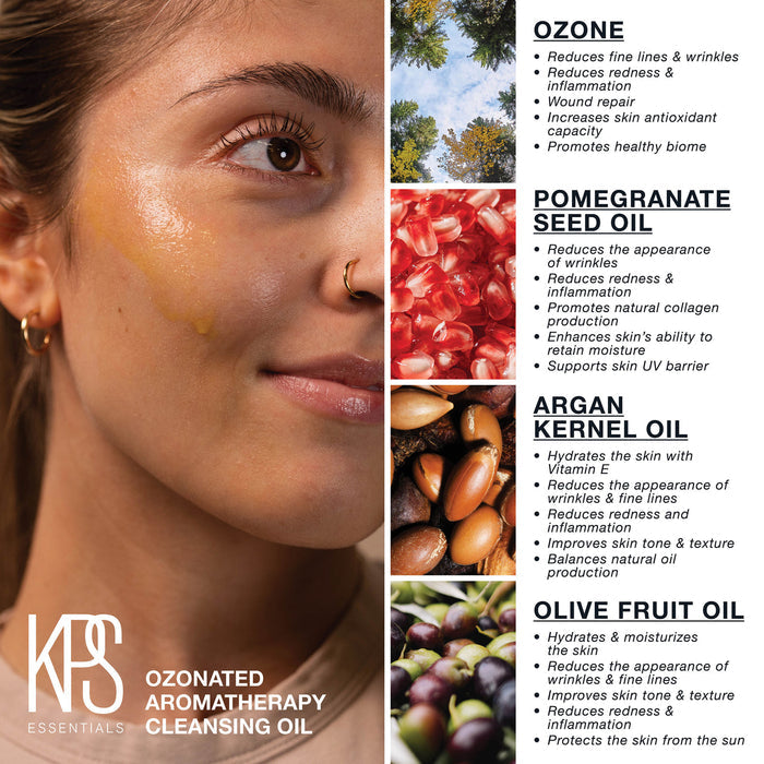 Close-up of a woman with glowing skin applying Ozonated Aromatherapy Cleansing Oil | Kindness Powered Skincare, alongside ingredients like ozone, pomegranate seed oil, argan kernel oil, and olive fruit oil detailing their skincare benefits.