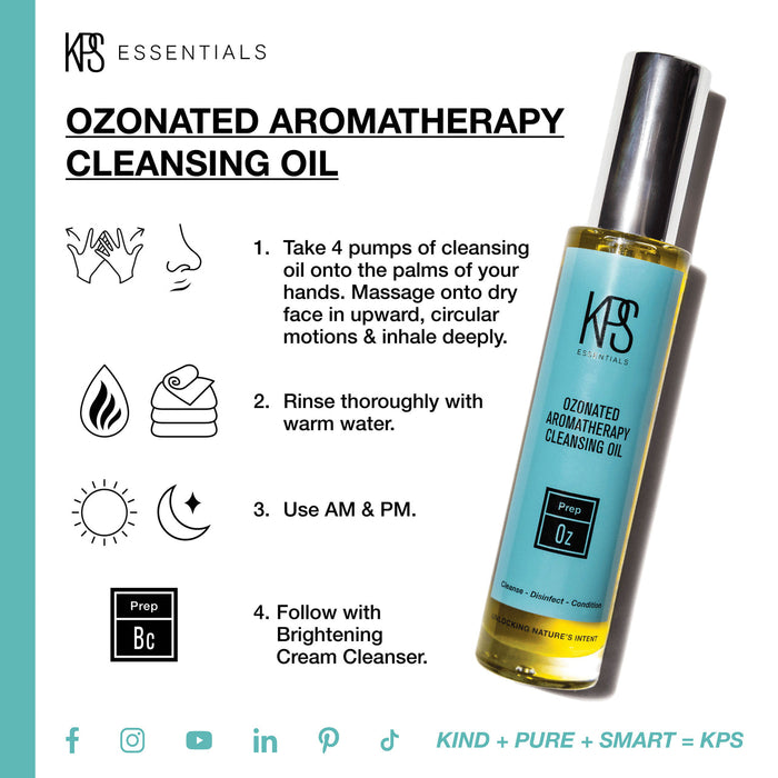 Bottle of Ozonated Aromatherapy Cleansing Oil | Kindness Powered Skincare with instructions to apply four pumps on hands, massage onto face in circular motions, rinse with warm water, use morning and night, and follow with Brightening Cream Cleanser.