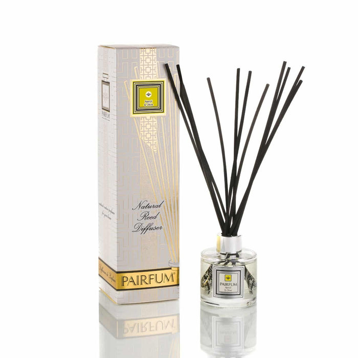 Pairfum London luxury reed diffuser with classic Neroli and Olive scent, 100ml bottle with 10 reeds for elegant home fragrance.