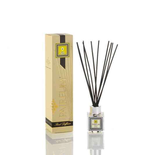 Pairfum London luxury reed diffuser with Neroli & Olive scent, 50ml, black reeds, elegant glass bottle for home fragrance.