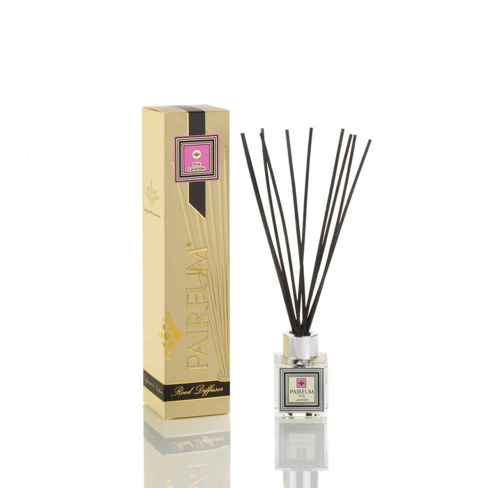 Pairfum London luxury reed diffuser with pink lavender scent, 50 ml, black reeds, elegant glass container for home fragrance.
