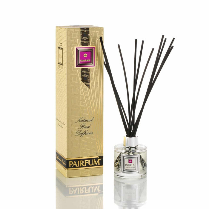 Pairfum London luxury reed diffuser with black orchid scent, 100ml bottle and 10 reeds, elegant beauty home fragrance.