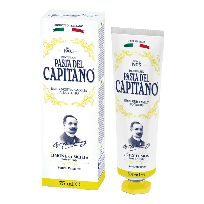 Pasta del Capitano 1905 tannkrem med siciliansk sitron, hvit boks og etui med gule detaljer