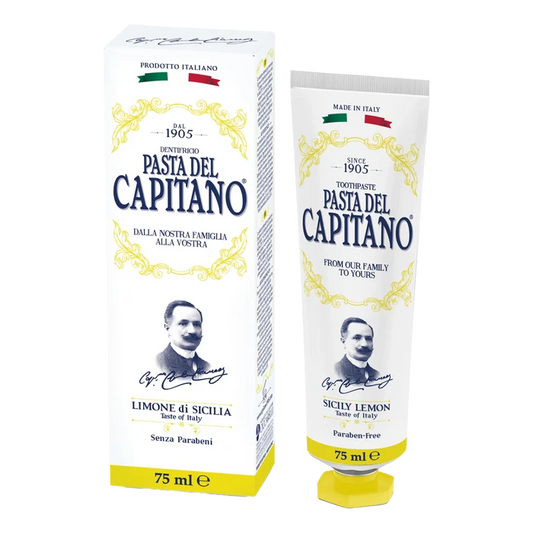 Pasta del Capitano 1905 tannkrem med siciliansk sitron, hvit boks og etui med gule detaljer
