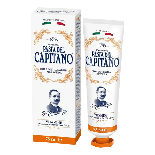 Pasta del Capitano 1905 Vitamins tannkrem i hvit og oransje emballasje med italiensk design