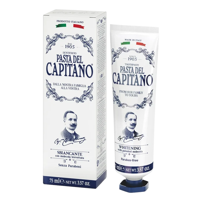 Pasta del Capitano 1905 whitening tannkrem 75ml i hvit blå design med historisk italiensk stil