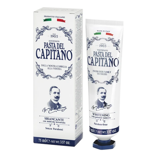 Pasta del Capitano 1905 whitening tannkrem 75ml i hvit blå design med historisk italiensk stil