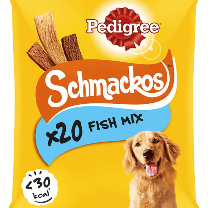 A close up of a packet of Pedigree Schmackos Dog Treats Fish Mix on a white background.