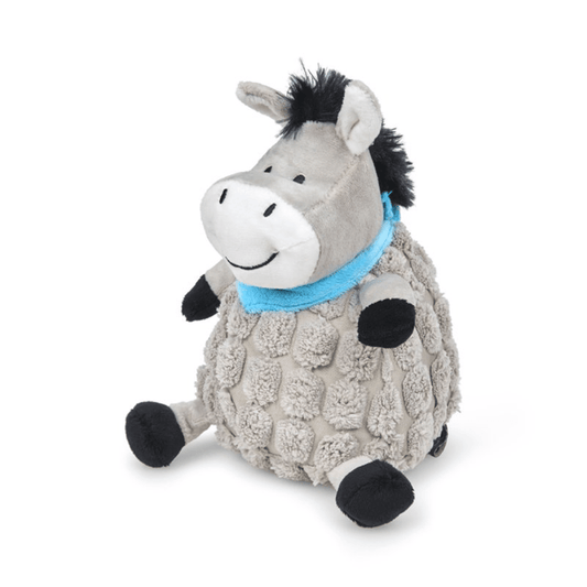 Grey donkey dog toy with back mane, tail and hoofs wearing a blue neckerchief sat on a white background.