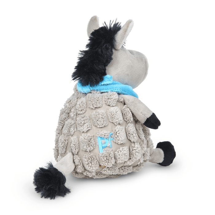 Back view of grey donkey dog toy with back mane, tail and hoofs wearing a blue neckerchief, stitch detail of 'PF' on back sat on a white background.