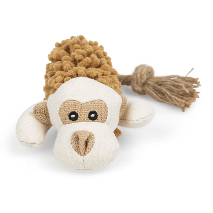 Monkey dog toy with a cream fabric face with brown canvas material ascents around the eyes, nose and for the arms. Brown micro-fibre body with a rope tail on a white background.