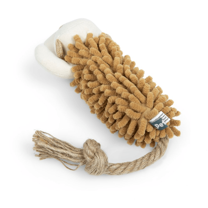 Underside view of monkey dog toy with a brown micro-fibre body with a rope tail on a white background.