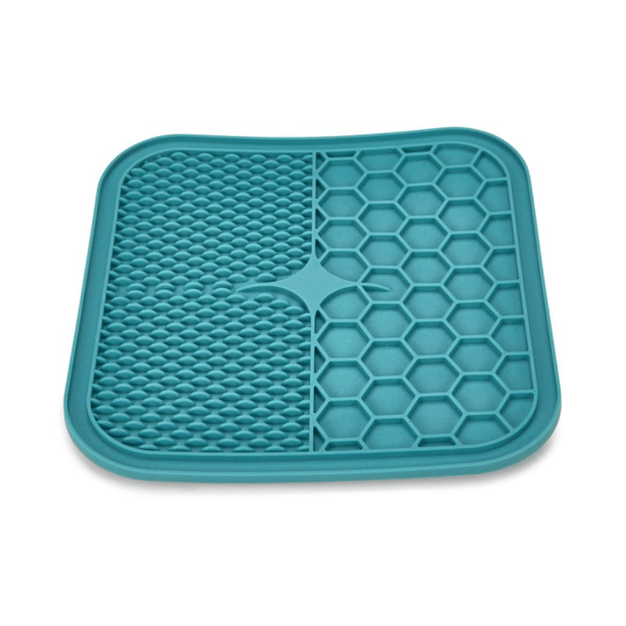 Blue silicone lick mat with two different textures, one with hexagon shapes, the other with small close together ridges pictured on a white background.
