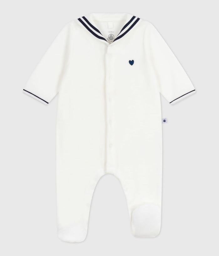 Petit Bateau Velour Snap Front Footie with Sailor Collar