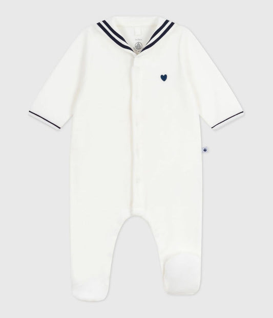 Petit Bateau Velour Snap Front Footie with Sailor Collar