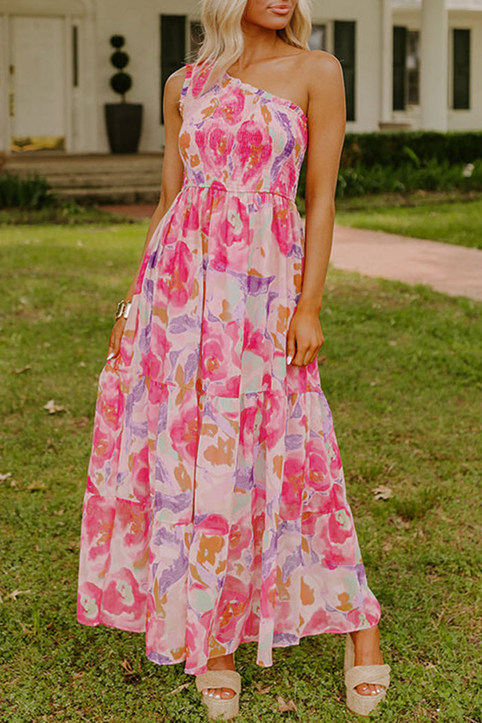 Pink Abstract Floral Print Shirred One Shoulder Maxi Dress 🇺🇸