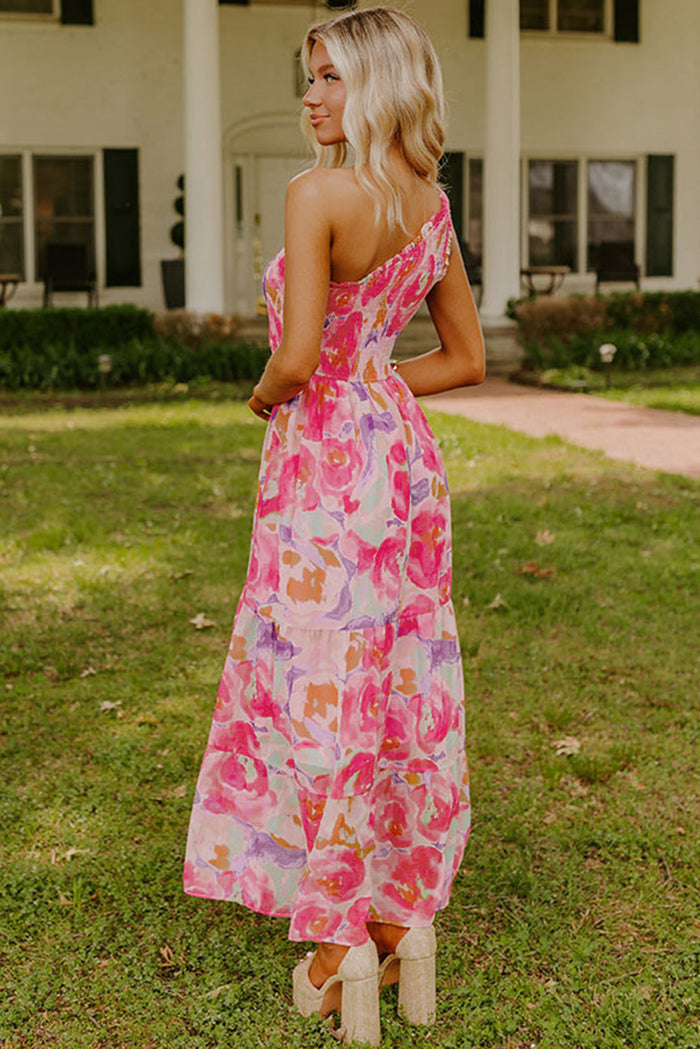 Pink Abstract Floral Print Shirred One Shoulder Maxi Dress 🇺🇸