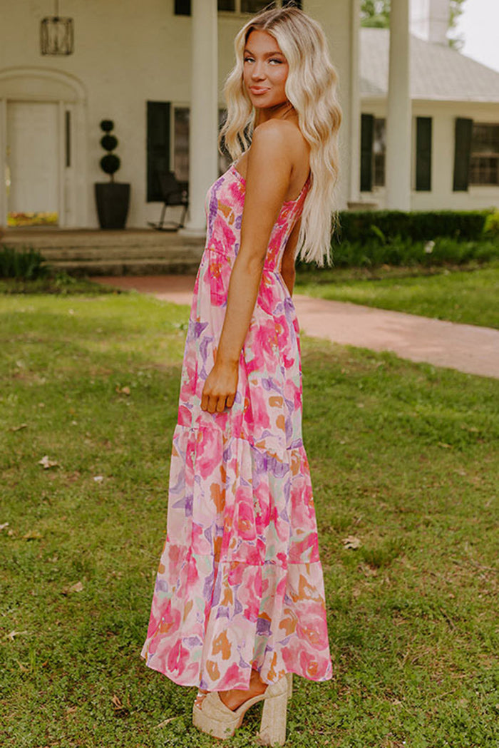 Pink Abstract Floral Print Shirred One Shoulder Maxi Dress 🇺🇸