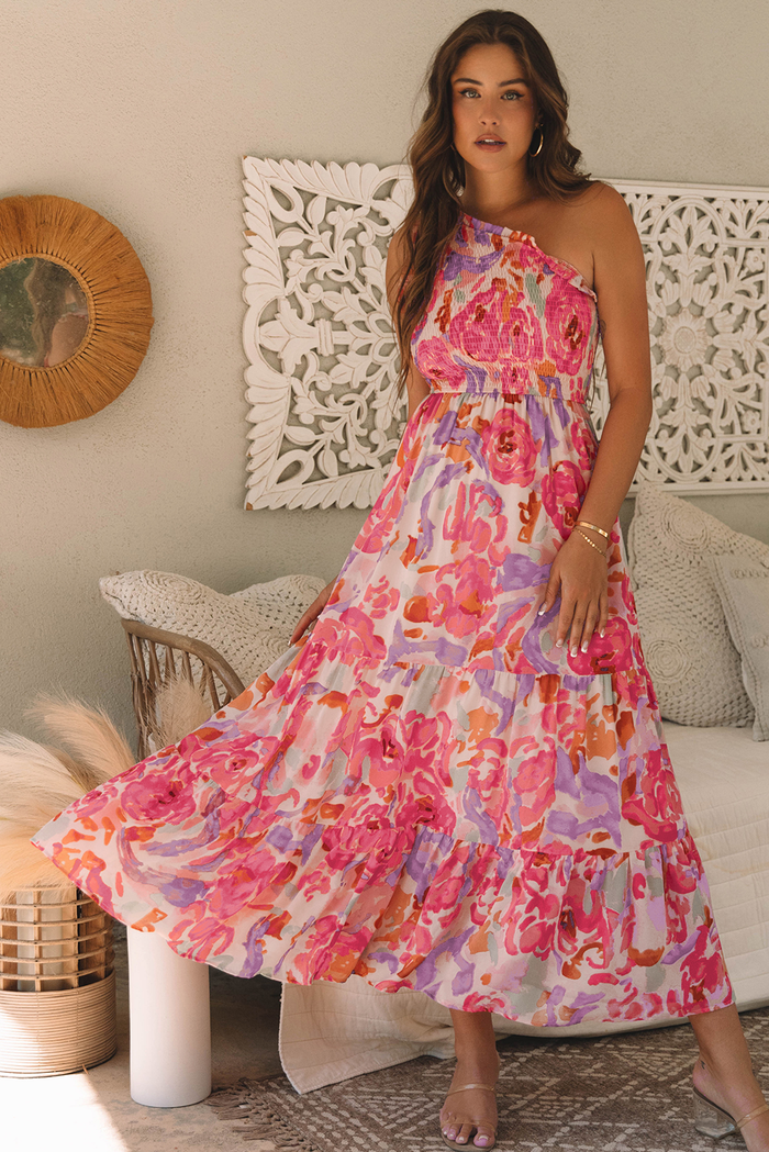 Pink Abstract Floral Print Shirred One Shoulder Maxi Dress 🇺🇸