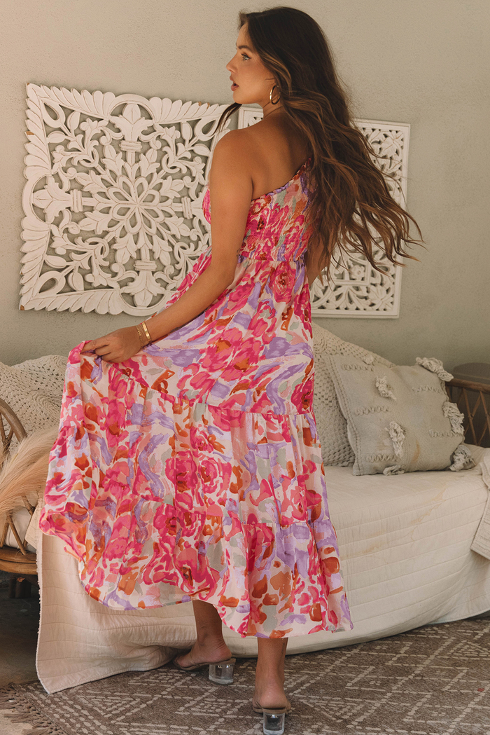Pink Abstract Floral Print Shirred One Shoulder Maxi Dress 🇺🇸