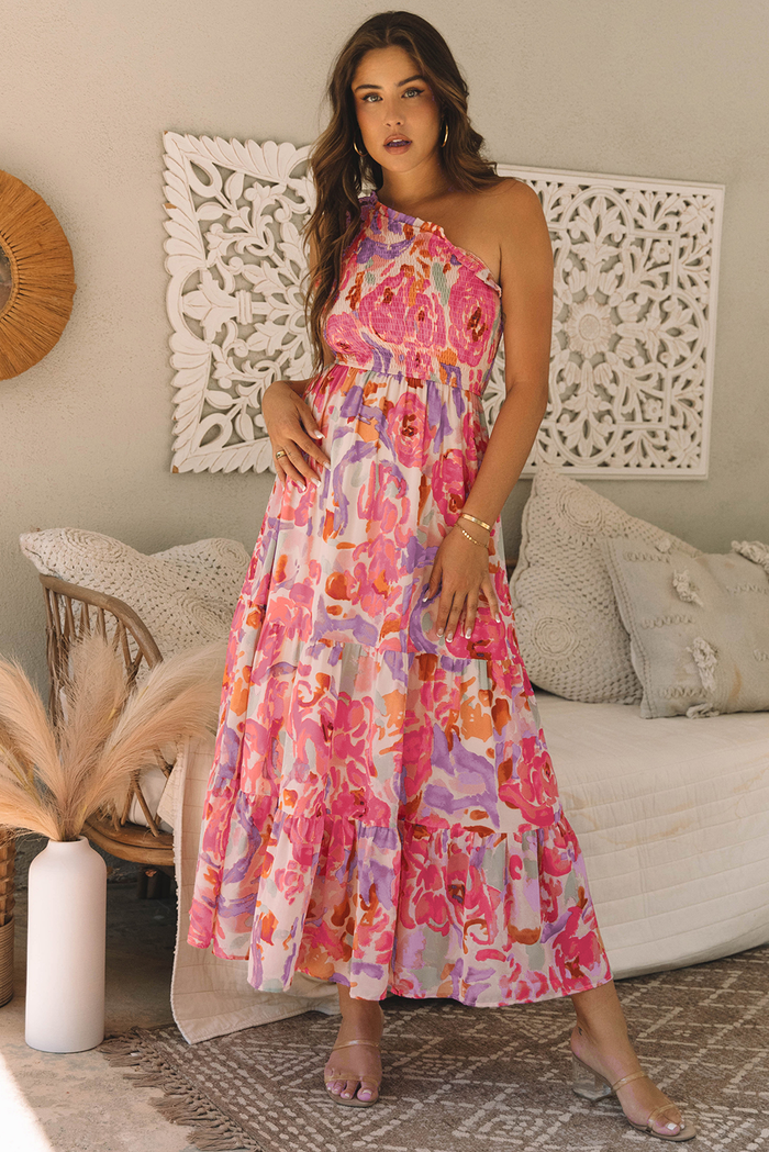 Pink Abstract Floral Print Shirred One Shoulder Maxi Dress 🇺🇸