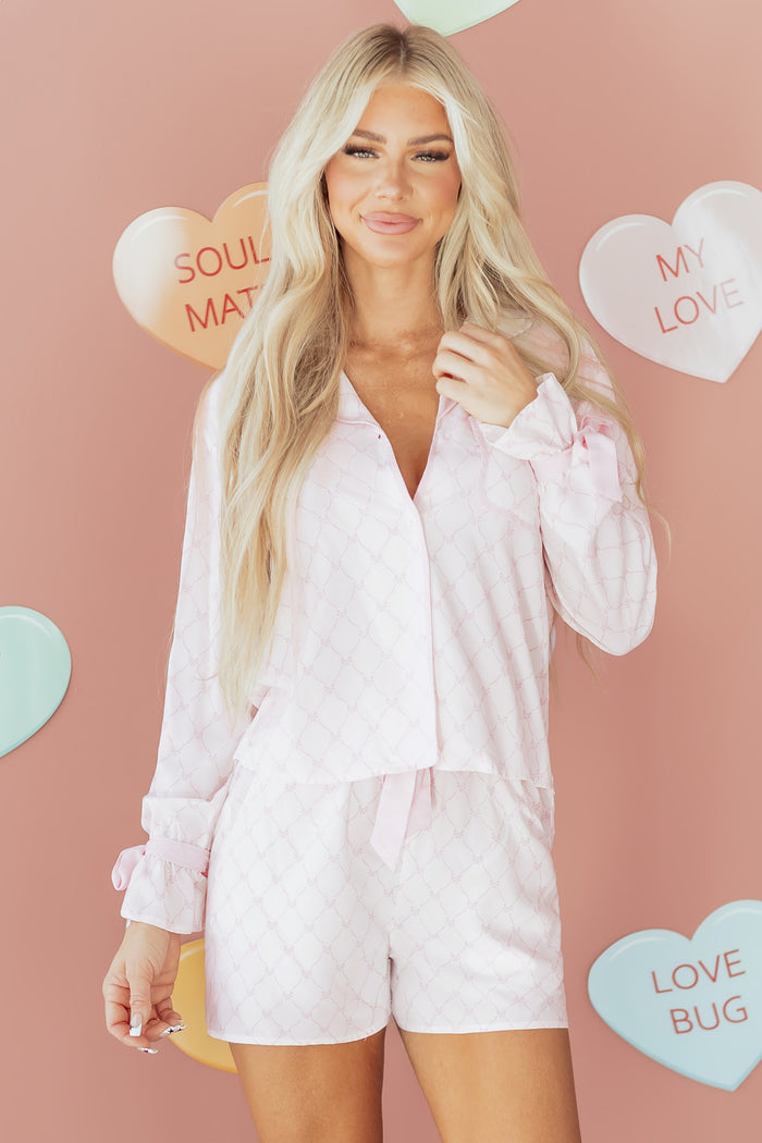 Pink Bow Lattice Print Bow Ties 2pcs Pajama Set 🇺🇸