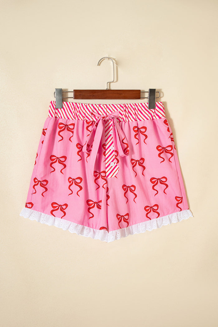 Pink Bow Print Striped Patchwork Elastic Waist Lace Trim Loose Shorts 🇺🇸