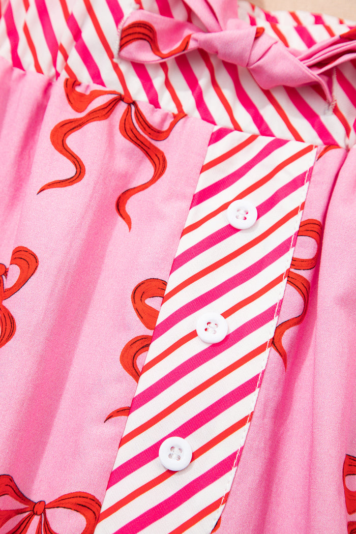 Pink Bow Print Striped Patchwork Elastic Waist Lace Trim Loose Shorts 🇺🇸