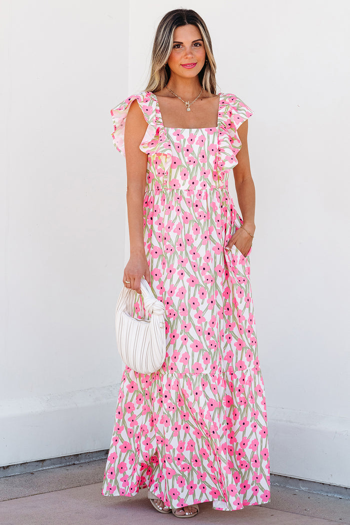 Pink Floral Print Square Neck Ruffled Strap Maxi Dress 🇺🇸