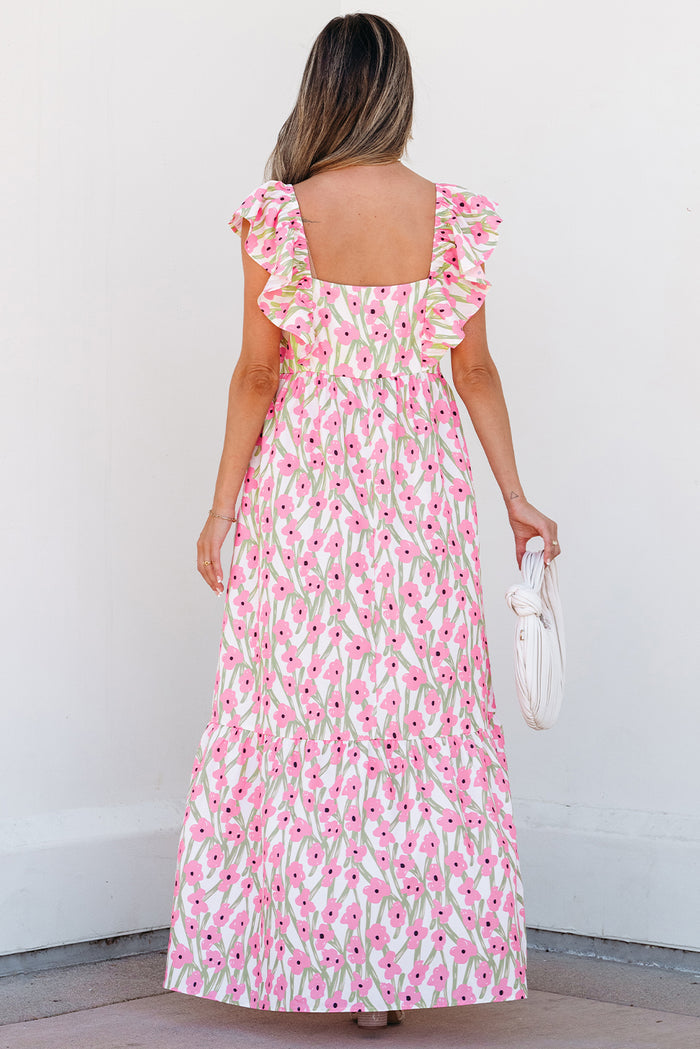 Pink Floral Print Square Neck Ruffled Strap Maxi Dress 🇺🇸