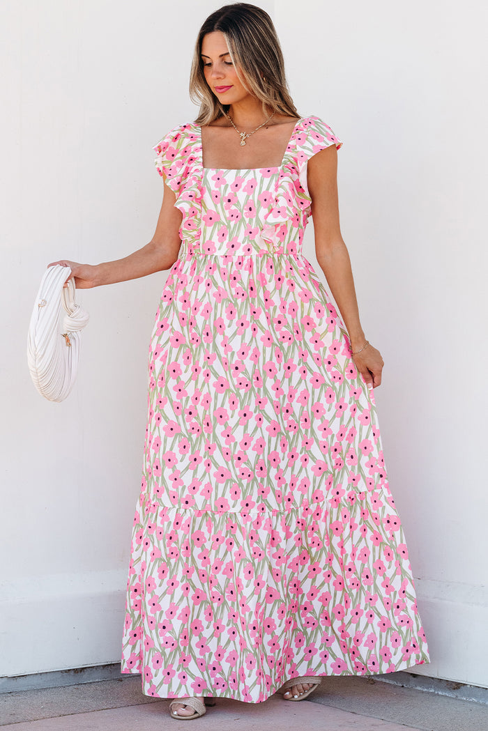 Pink Floral Print Square Neck Ruffled Strap Maxi Dress 🇺🇸