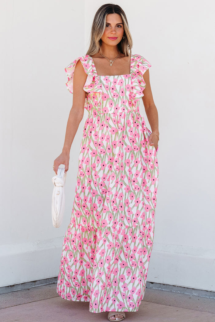 Pink Floral Print Square Neck Ruffled Strap Maxi Dress 🇺🇸