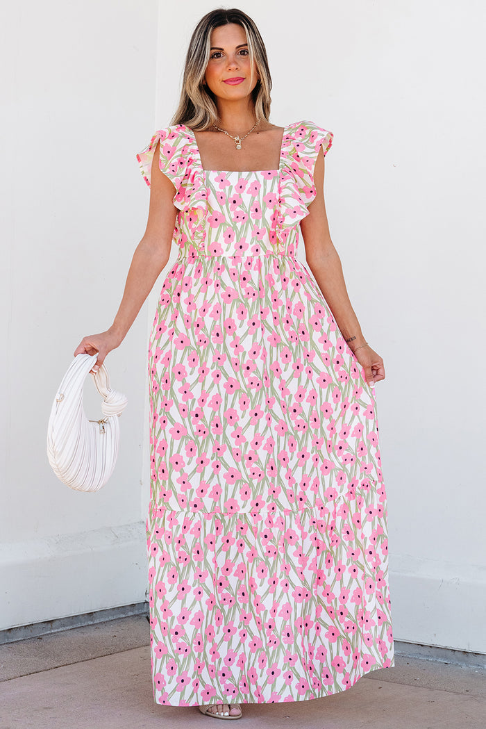 Pink Floral Print Square Neck Ruffled Strap Maxi Dress 🇺🇸