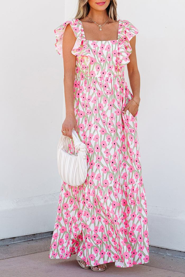 Pink Floral Print Square Neck Ruffled Strap Maxi Dress 🇺🇸